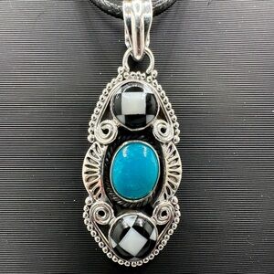 Sterling Silver 925 Handmade Checkerboard 🏁 Turquoise Necklace Pendant Swirls